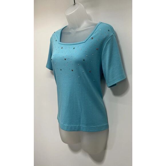 Quacker Factory Rhinestone Embellished Short Sleeve Top Blue Sz S Colorful Gems - Picture 2 of 7